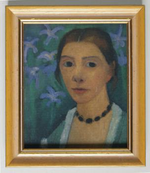 Paula Modersohn-Becker, "Selbstbildnis vor grünem Hintergrund mit blauer Iris, um 1905/6"