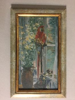 Heinrich Vogeler, "Blumenstilleben mit Papagei am Fenster"