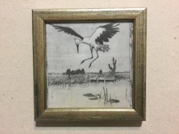 Heinrich Vogeler, Worpswede, "Storch überm Weiher". Kleiner Kunstdruck von Radierung