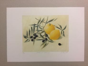Monika Breustedt, Worpswede, Kunstdruck auf Büttenpapier, "Zitronen und Olivenzweig"