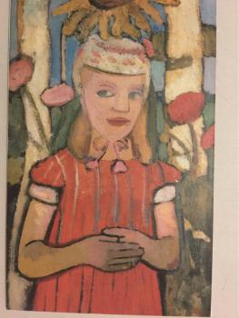 Paula Modersohn-Becker, Worpswede, "Mädchen mit rotem Kleid vor Sonnenblume, 1907"