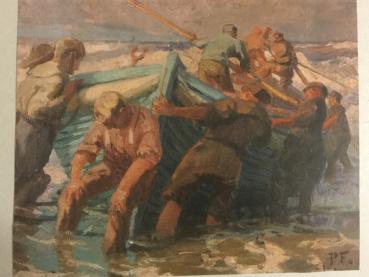 Poppe Folkerts, Norderney, "Seeleute, ein Boot zu Wasser bringend", 1911
