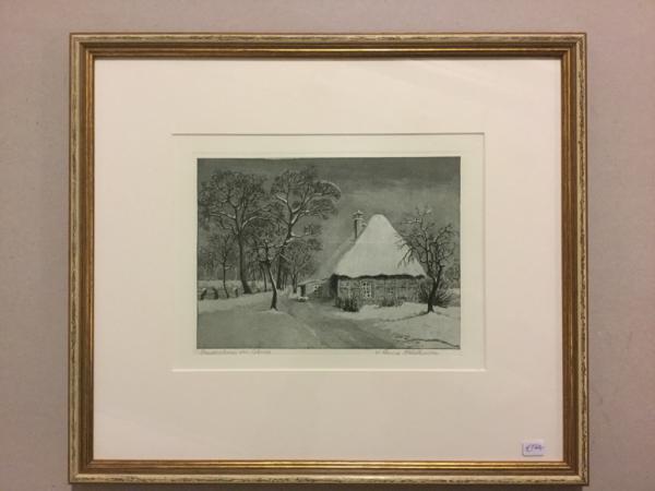 Anna Feldhusen, Radierung "Bauernhaus im Schnee"